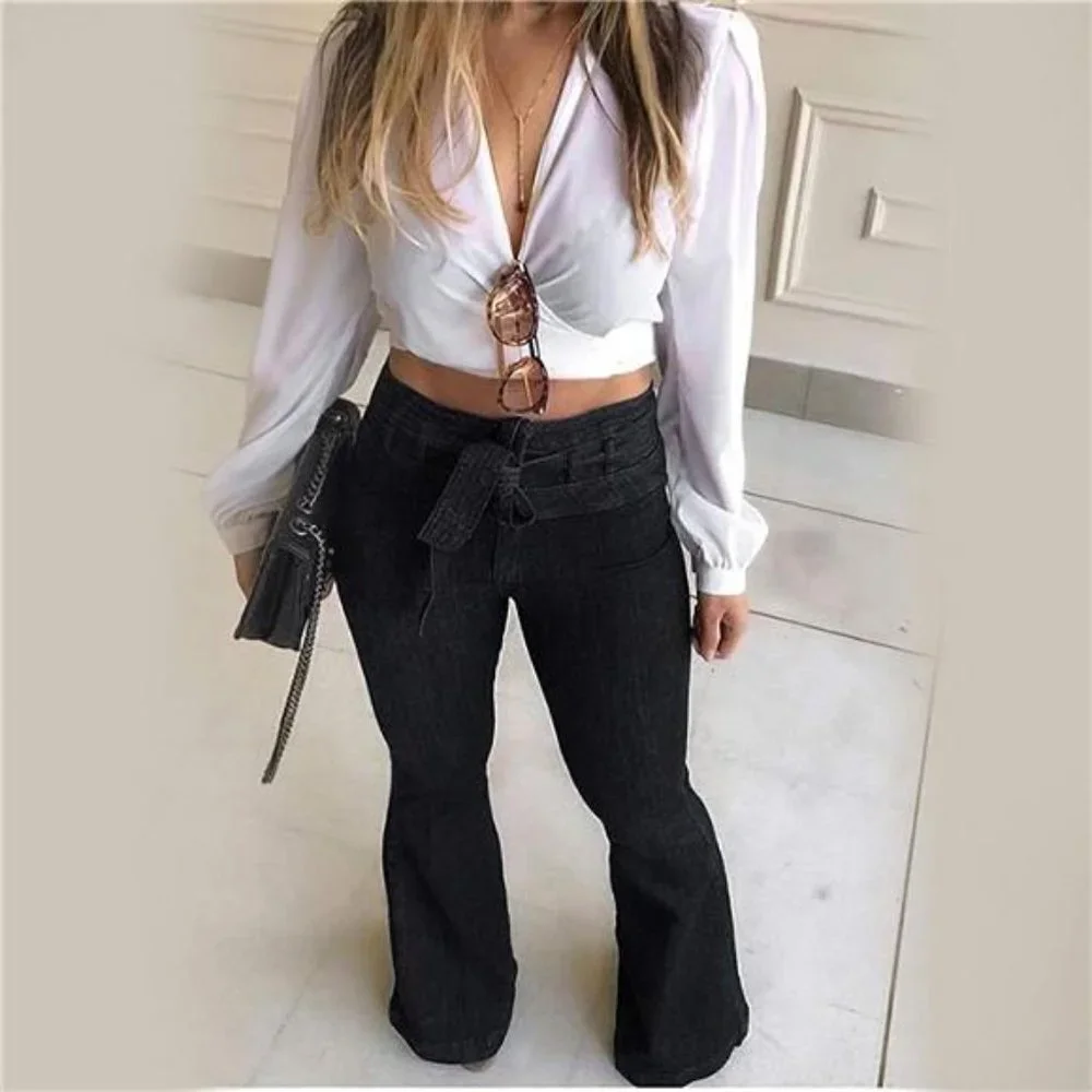 Black‎ High Waist Bell Bottom Flare Jeans Wide Leg Belted Bow Denim Pants